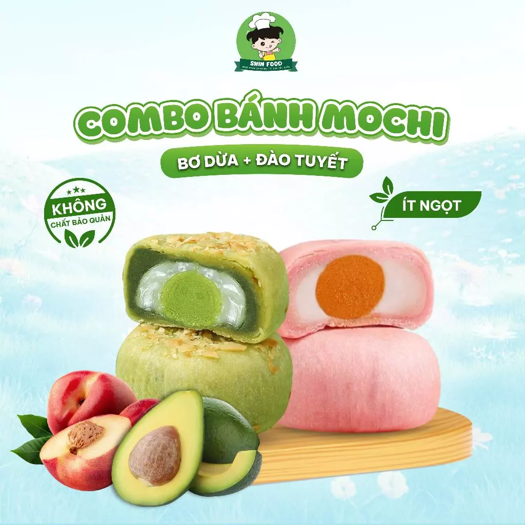 Combo Bánh Mochi Bơ Dừa Mochi Đào Tuyết Không Đường Ít Calo Shin Food Mềm Dẻo Thơm Ngon, Bánh Mochi Ăn Kiêng Healthy