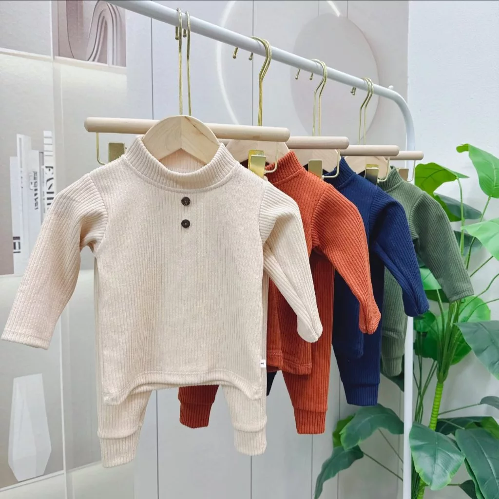 Bộ dài len tăm sóng cổ 3 phân dày dặn cho bé mặc thu đông