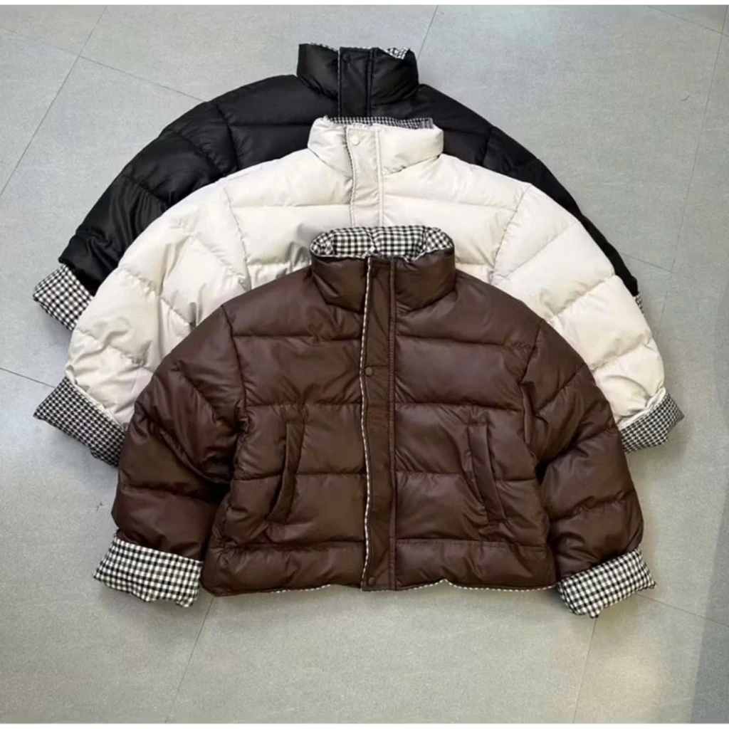 Áo Phao Da Nữ Phối Kẻ Dáng Ngắn. Hàng Quảng Châu 3 Màu  Be, Đen, Nâu.  Áo Khoác Hottrend 2026