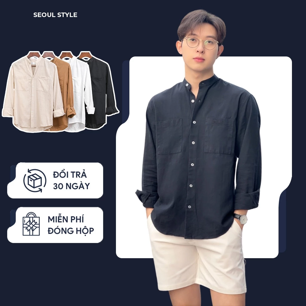 Áo sơ mi nam cổ trụ 2 túi dài tay vải Linen cao cấp phom dáng trẻ trung, thanh lịch - SEOUL