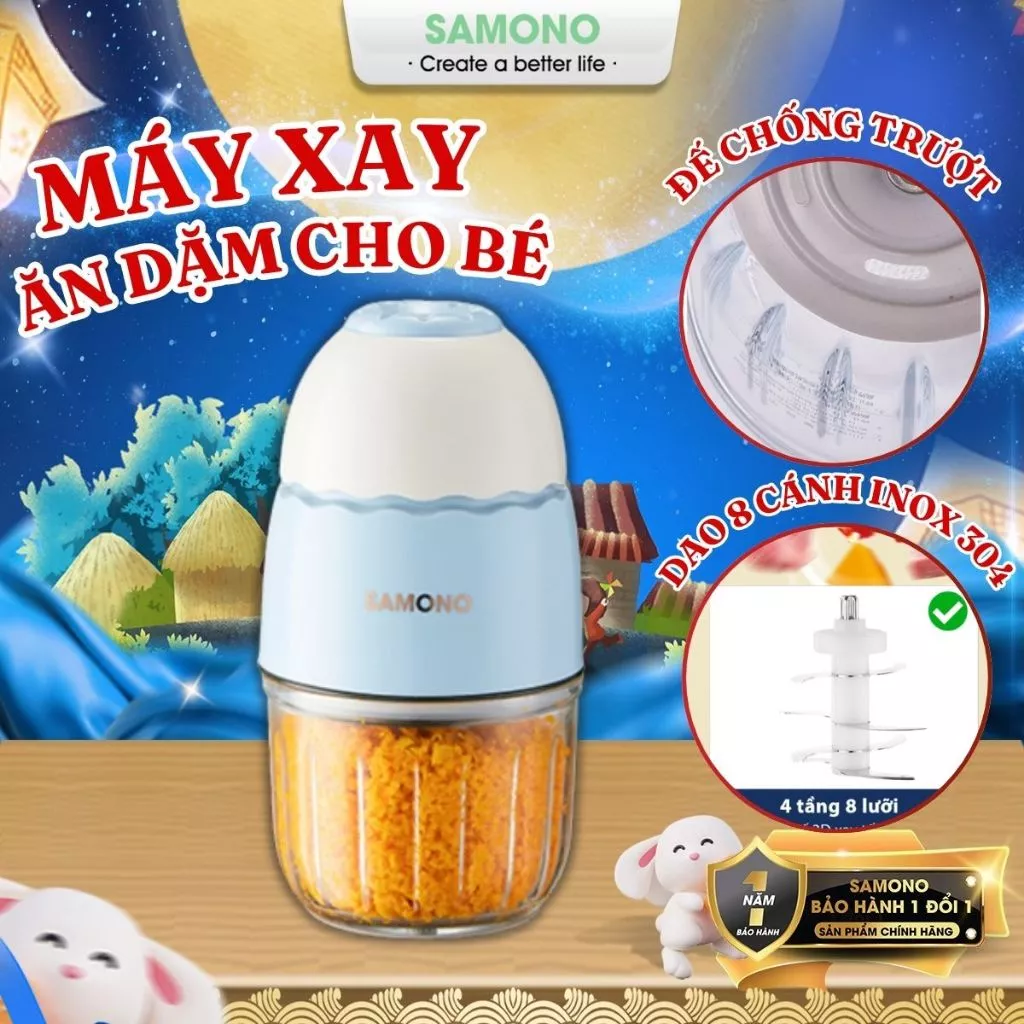 (Cao Cấp- 8 lưỡi) Máy xay ăn dặm 0.3L Samono SW-MC200S cho bé, 200W, cối thủy tinh, xay thịt nhuyễn mịn -BH 1 năm