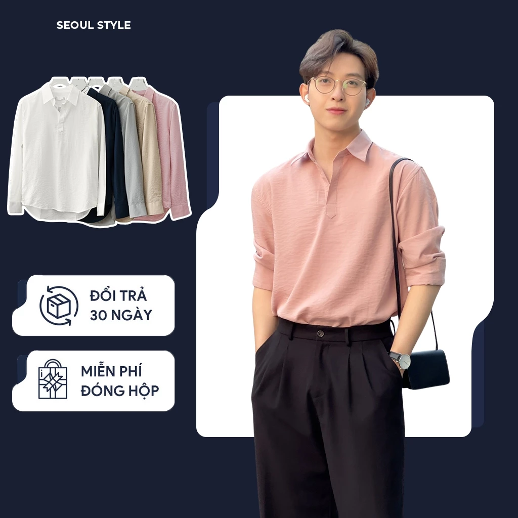 Áo sơ mi nam dài tay SEOUL vải Linen cao cấp, cổ V bẻ nam tính, phom dáng trẻ trung, thanh lịch