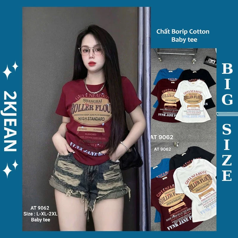 Áo Thun nữ baby tee 2KJeans Bigsize 55kg-90kg, áo thun ngắn tay chất borip cotton cao cấp siêu giãn AT9062