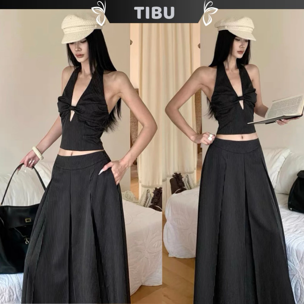 Set Áo Cổ Yếm Xoắn Ngực Phối Chân Váy Dài Kẻ Sọc TIBU Set Đồ Nữ Hở Lưng Thanh Lịch Đi Chơi Dạo Phố Đi Làm B607
