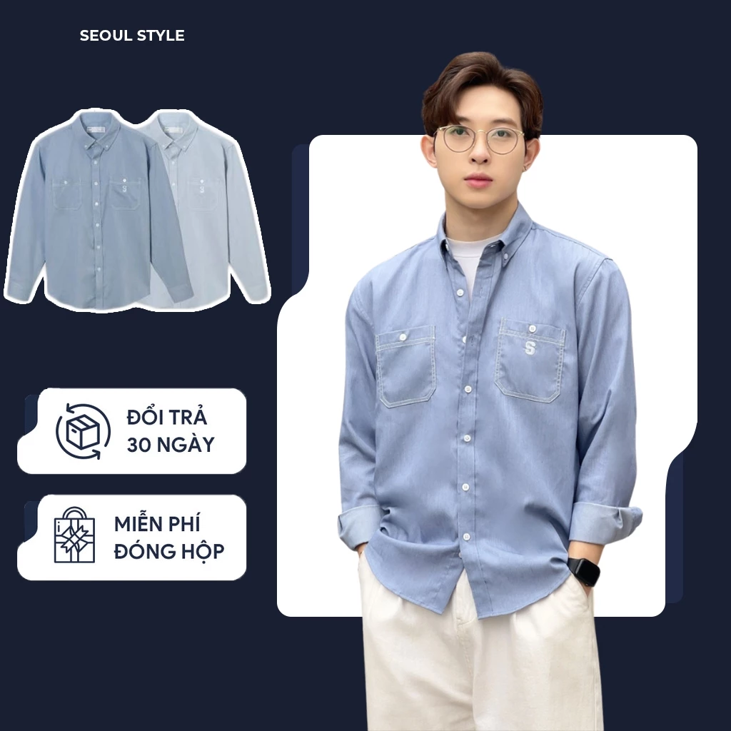 Áo sơ mi Denim 2 Túi Logo S Dài Tay chất liệu denim cao cấp, chống nhăn, phong cách hàn quốc - SEOUL