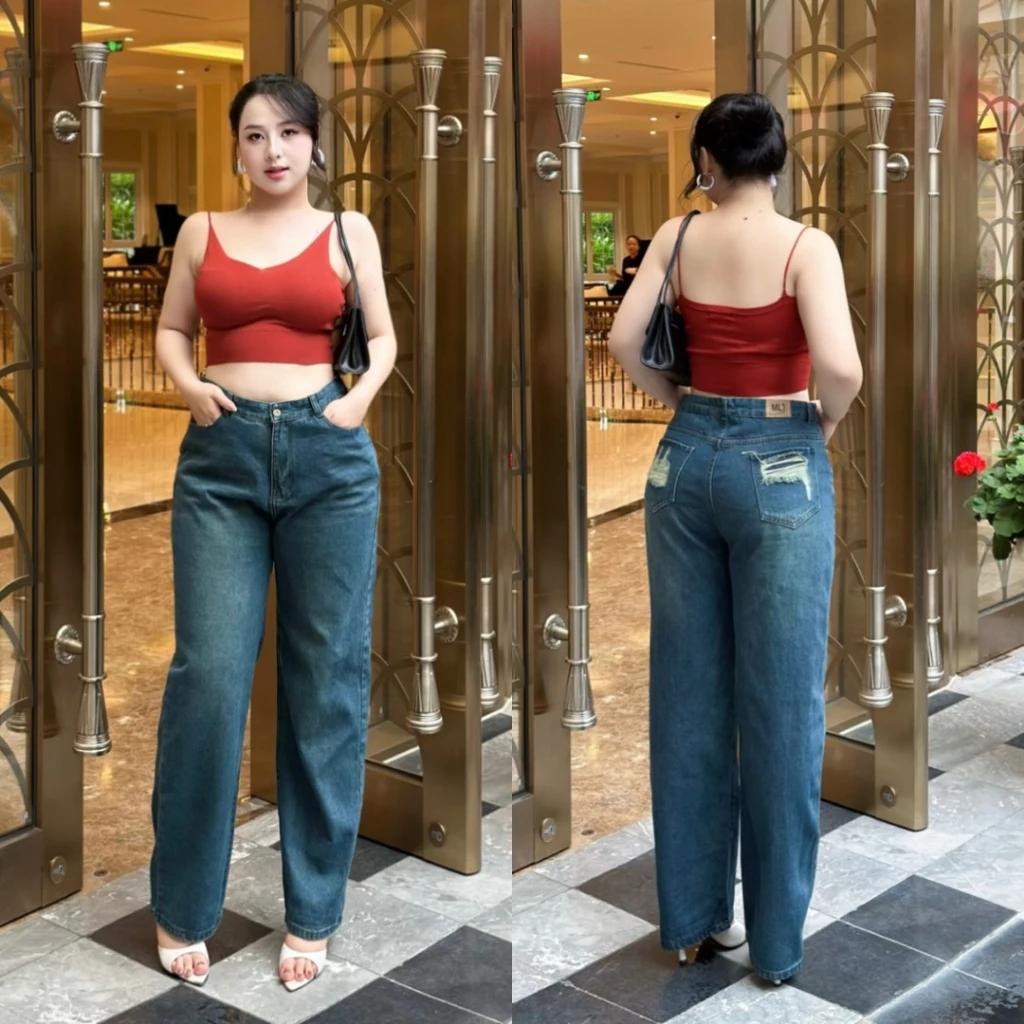 Quần Jeans Nữ Suông Ống Rộng Lưng Cao, Rách Túi Cá Tính 4495 0090 Bigsize quần bò nữ dáng xuông