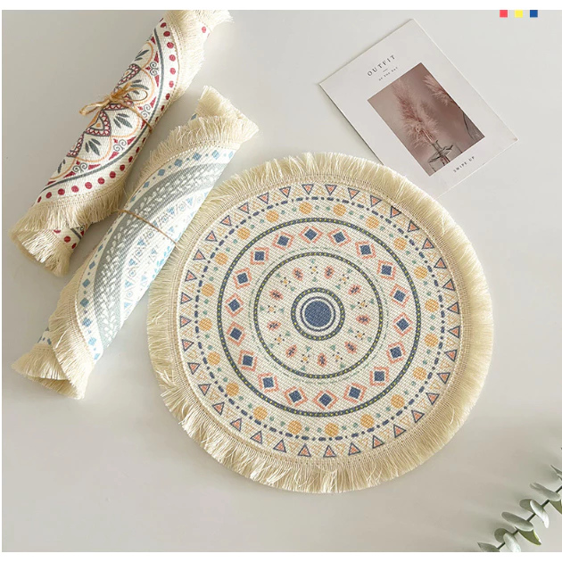 Tấm lót Ly, chén bằng vải cotton Bohemian dệt kiểu Bắc Âu hình tròn cách nhiệt