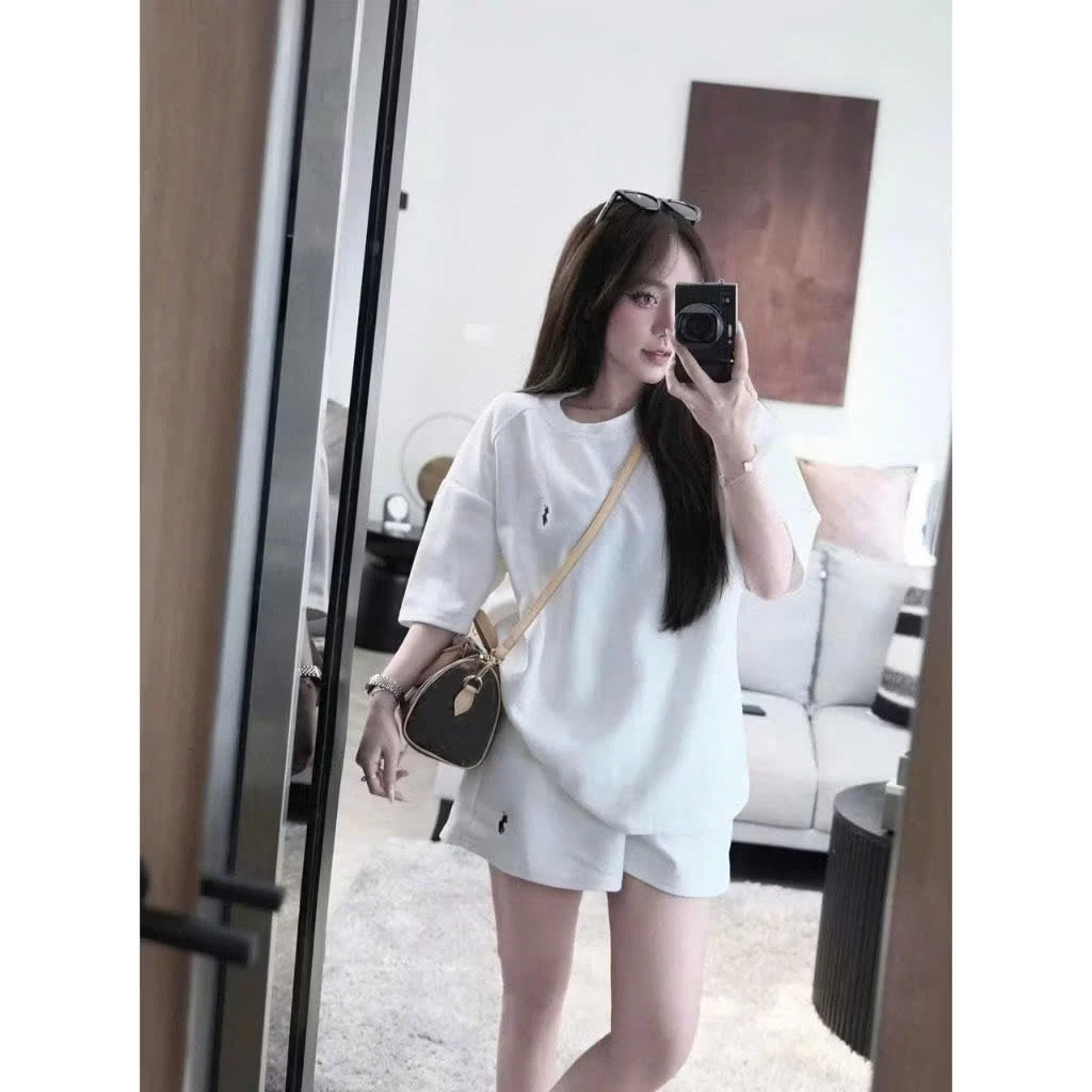 Sét bộ cotton mềm thêu logo ngựa cộc tay nữ ,bộ quần short đùi áo form rộng tay lỡ mix quần ống rộng mặc nhà ,đi chơi