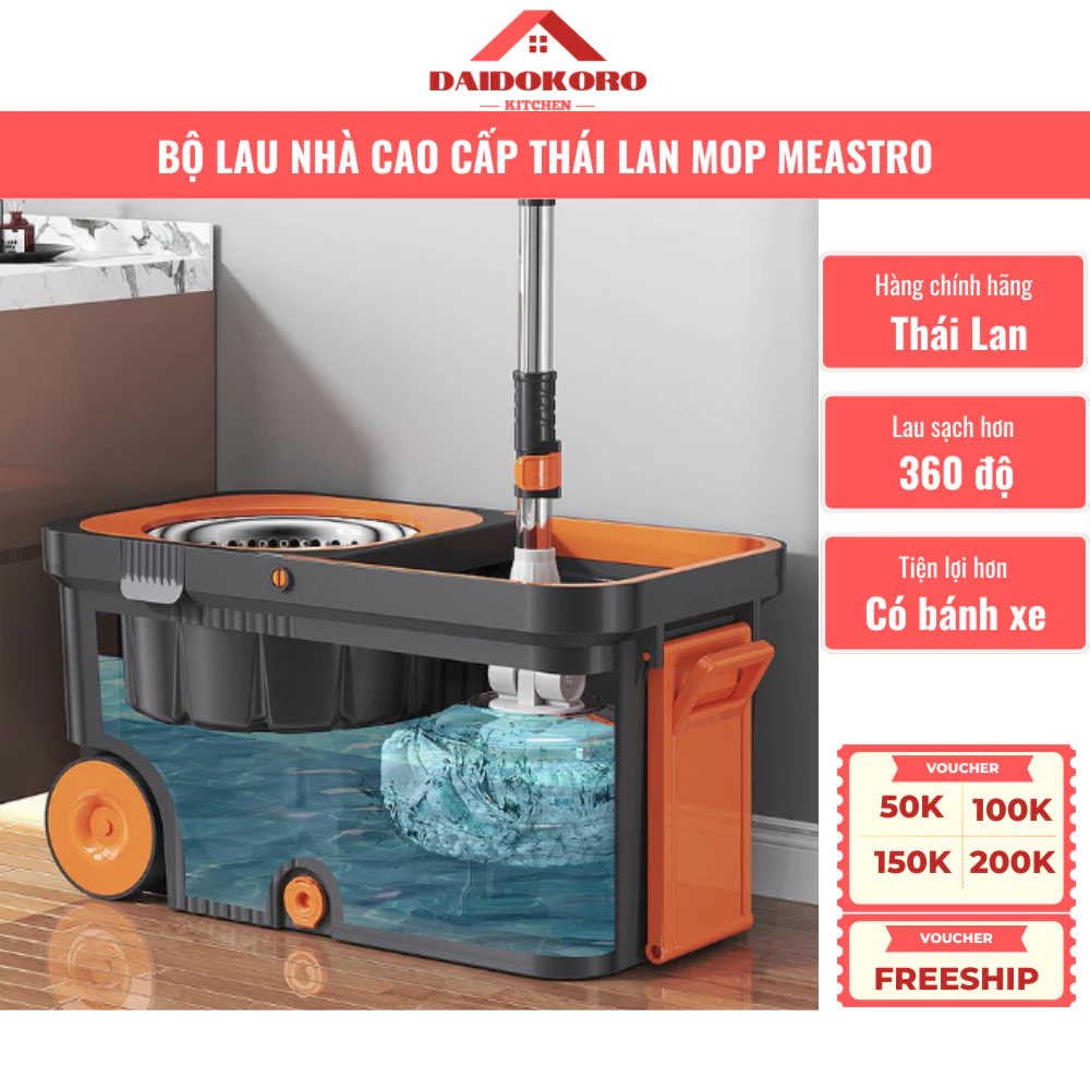 Cây Lau Nhà 360 Độ Thông Minh MOP MEASTRO [Hàng Thái Lan] Cao Cấp Tư Vắt Có Bánh Xe Có Tay Kéo