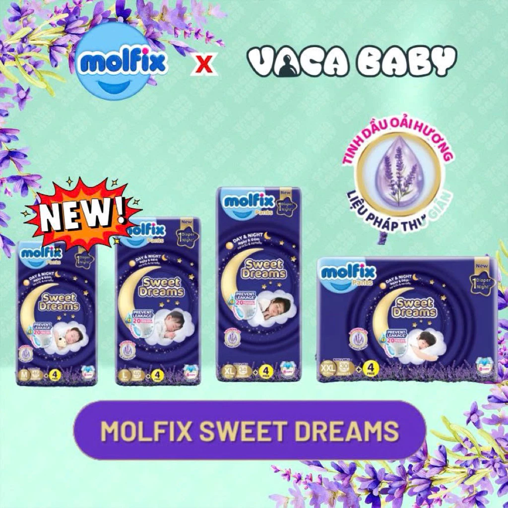 (New) Tã bỉm QUẦN Molfix Sweet Dream siêu cao cấp với tinh dầu oải hương lavender cho bé size M/L/XL/XXL