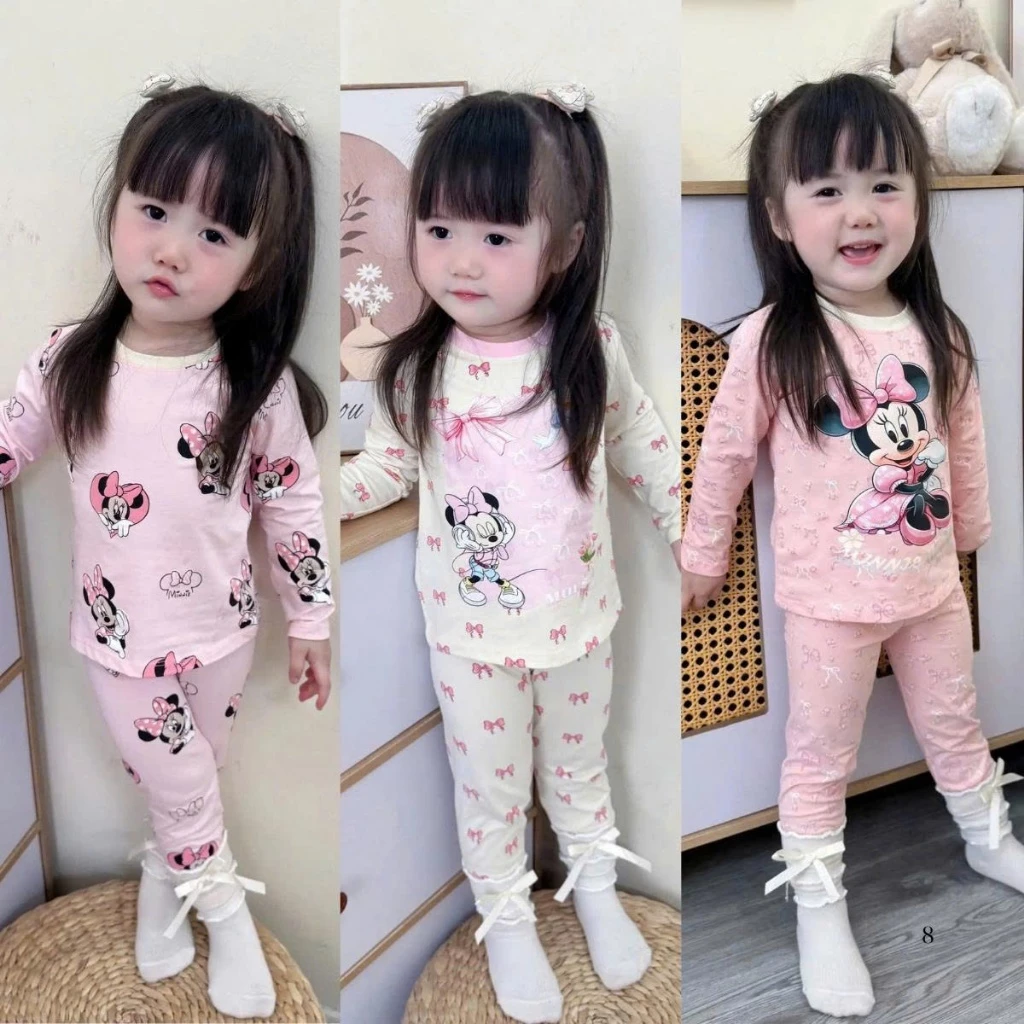 [8-18kg] Bộ áo dài quần dài bé gái hoạ tiết CHUỘT MICKEY chất liệu cotton co giãn 4 chiều vô cùng duyên dáng.