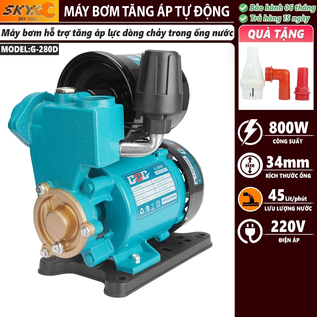 Máy bơm tăng áp, cao áp GGG - G280D 800W, đóng ngắt tự động, thương hiệu Thái Lan, Bảo Hành 06 tháng
