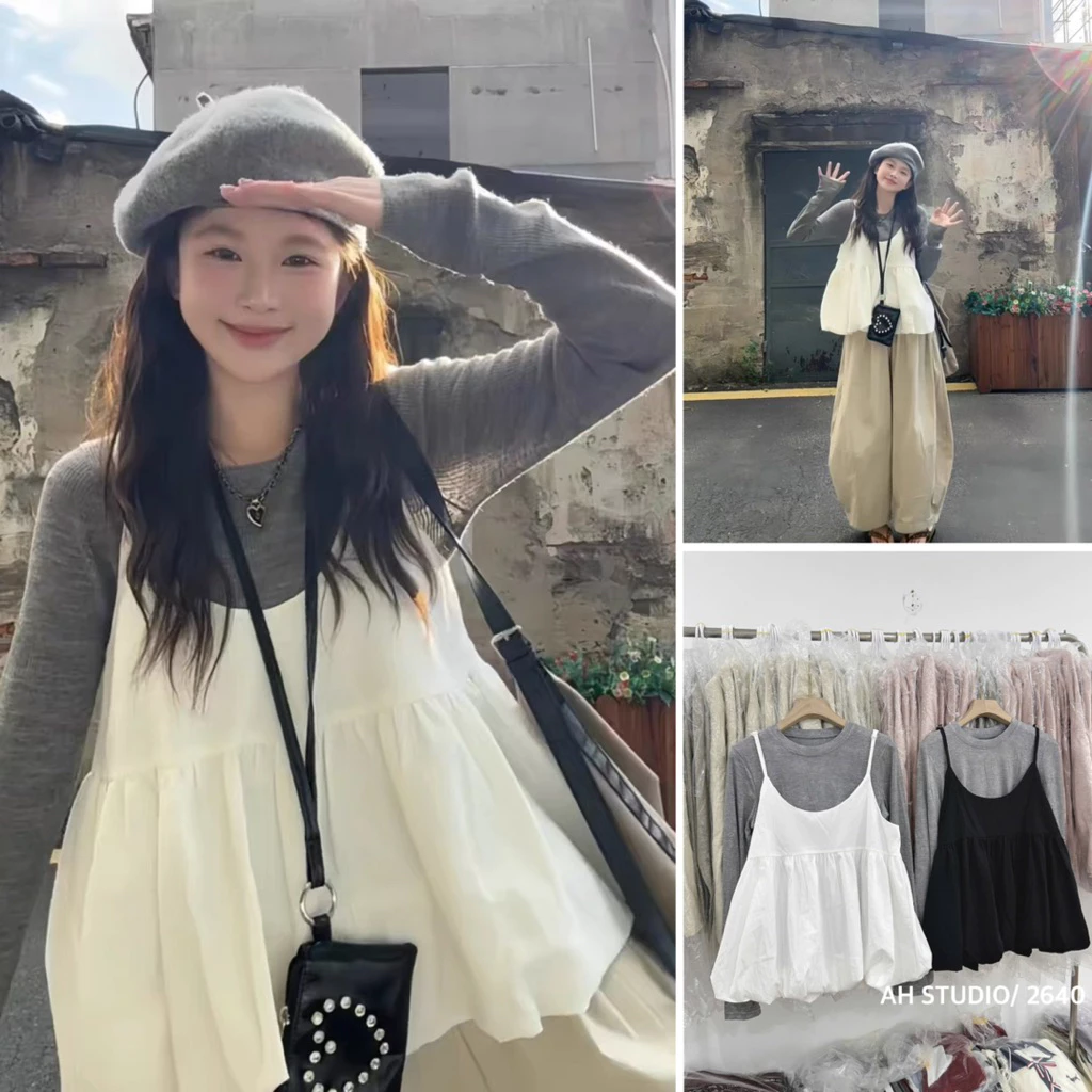 [NEW] Set áo thun dài tay kèm áo hai dây bí cute BABE TOP 3378