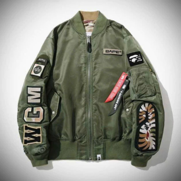 [HOT*] Áo Khoác Cá Mập Bape Xanh Rêu - Bomber Gió Dù 2 Lớp Dày Dặn, Dáng Rộng Phong Cách Nam Nữ.