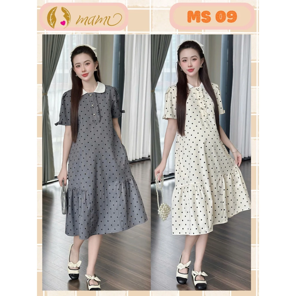 Đầm váy bầu công sở MAMI MS09  thiết kế chấm bi chất tex hàn lịch sự trẻ trung cho mẹ bầu đi làm đi chơi sang, trẻ đẹp