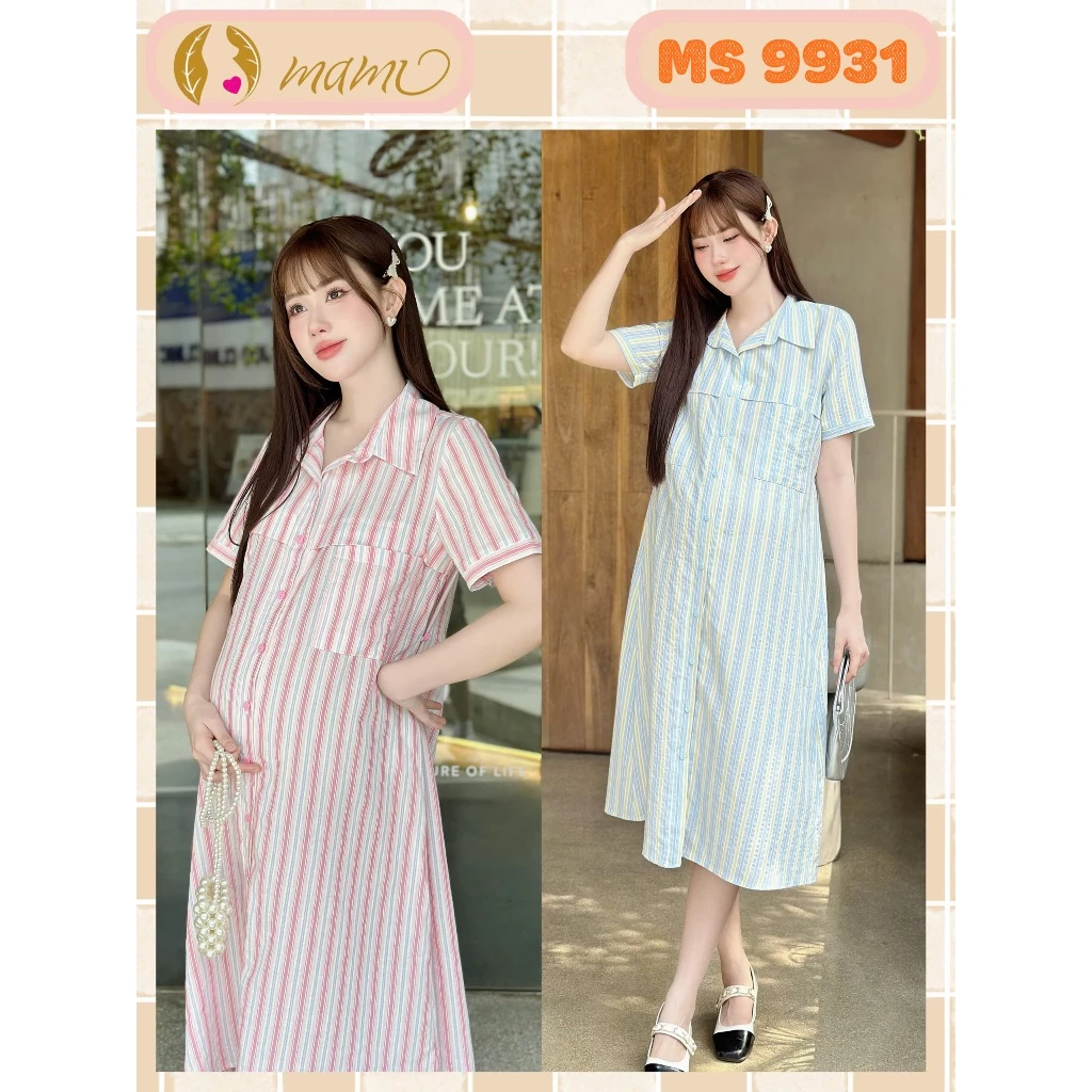Mami đầm bầu váy bầu sơ mi kẻ xanh, sơ mi kẻ hồng mẹ bầu,sau sinh đều mặc được