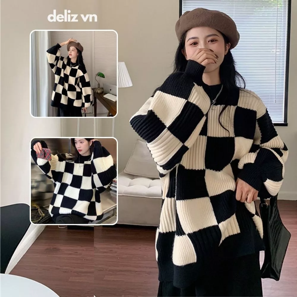 𝙏𝒉𝙖𝒐𝙫𝒊_𝑼𝙡𝒍𝙯𝒂𝙣𝒈// ÁO LEN CỔ TRÒN KẺ CARO ĐEN TRẮNG Ô TO PHONG CÁCH STYLE HÀN QUỐC CHẤT LÔNG THỎ MỀM NEW 2026