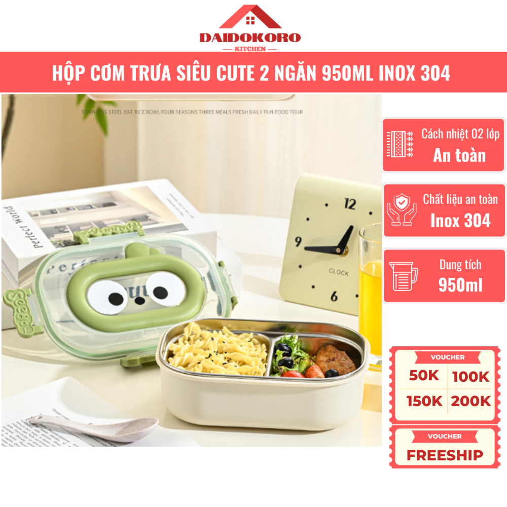 Hộp Cơm Trưa Văn Phòng SIÊU CUTE 2 Ngăn Inox 304 Dung TÍch 950ML Siêu Dễ Thương Đáng Yêu