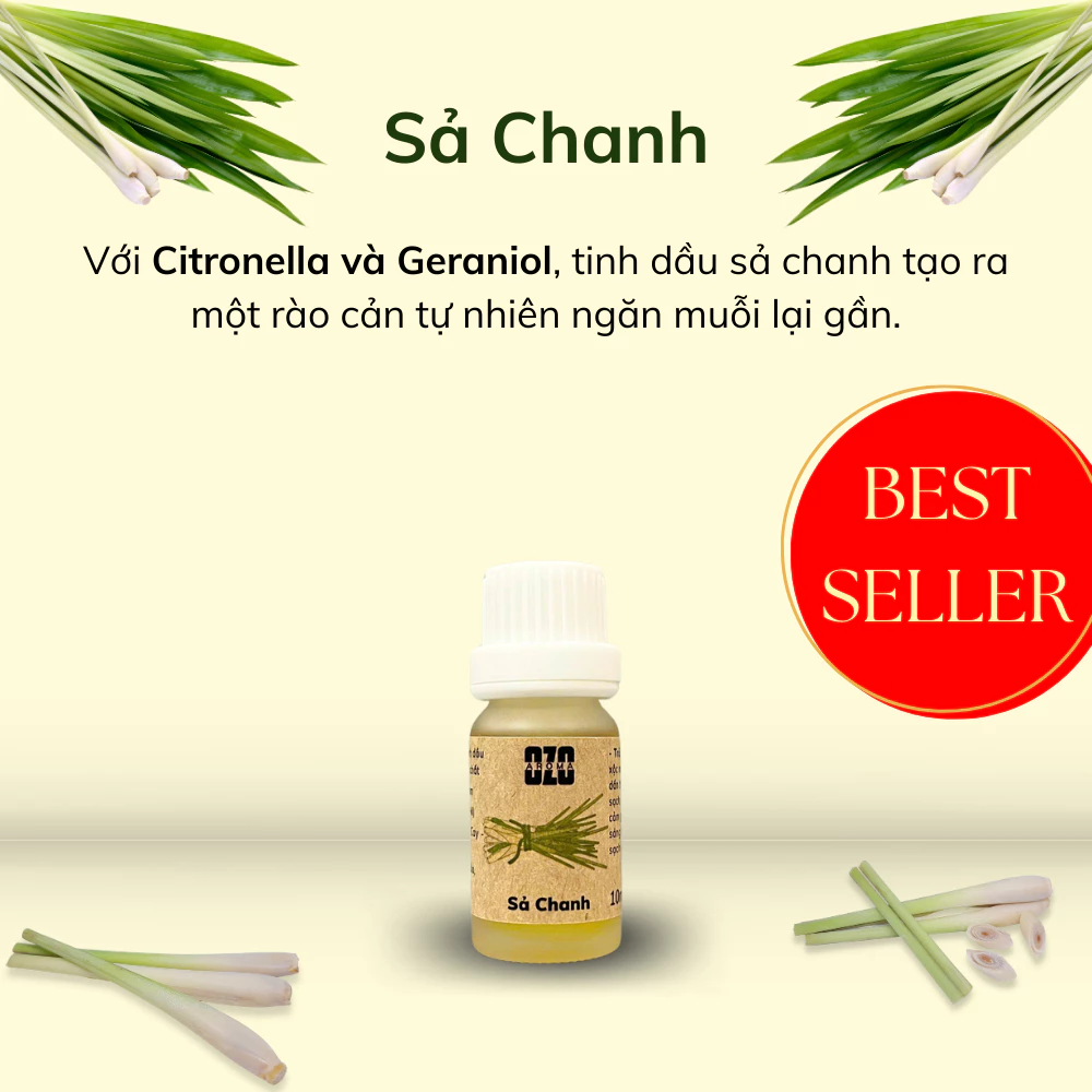 Tinh Dầu Sả Chanh 10ml - Ozo Aroma - Nguyên Chất Hàng Việt Nam - Khử Mùi, Đuổi Muỗi, Thơm Dễ Chịu