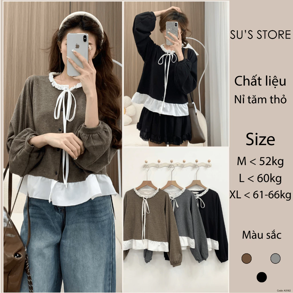 Áo Nỉ Tăm Thỏ Phối Cổ Bèo Nơ Buộc A3182 Susstore Thời Trang Nữ Bigsize
