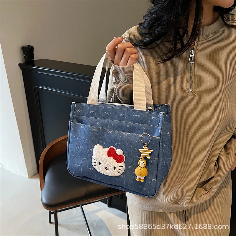 Túi xách mèo Kitty màu xanh denim đơn giản mới dành cho nữ đa năng kèm móc khóa dễ thương