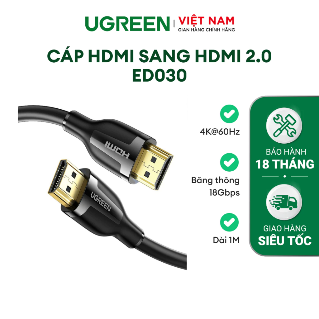 Cáp HDMI 2.0 UGREEN ED030 | Hỗ trợ 4K@60Hz/30Hz (Hỗ trợ ARC) dài 1-5m  - Bảo hành 18 tháng 1 đổi 1