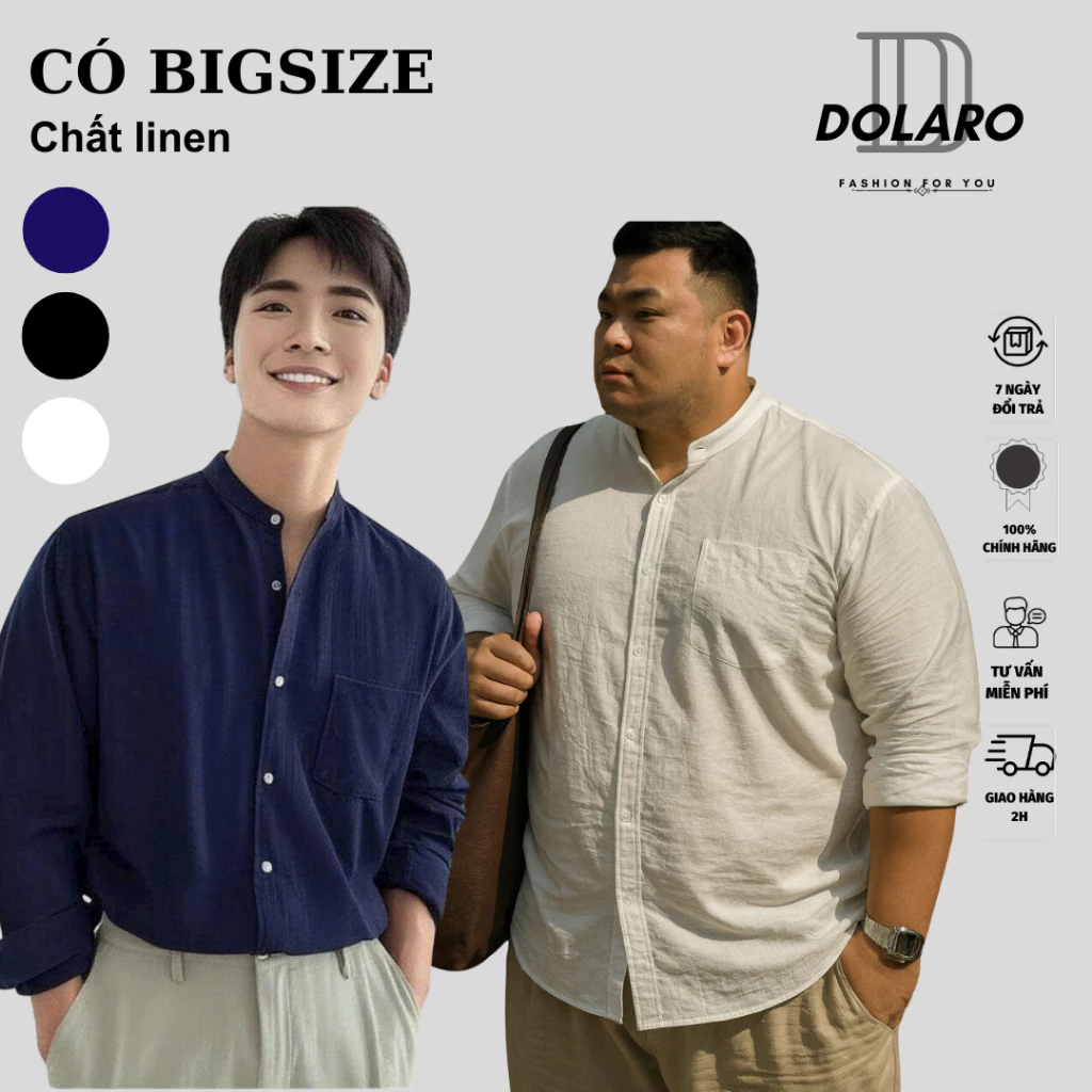 Áo Sơ Mi Nam Bigsize DOLARO Chất Linen Cao Cấp – Form Rộng Cổ Tàu Tay Dài Phong Cách Hàn Quốc