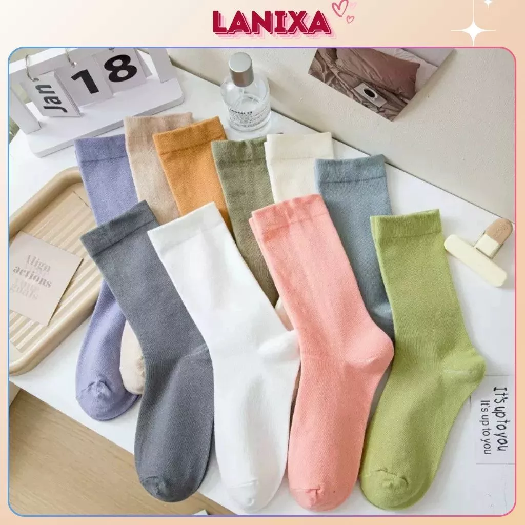 [ Xả hàng ] Tất nữ cổ trung chất cotton trơn mềm mịn 4 chiều thấm hút thoáng khí tốt không hôi chân LANIXA T786