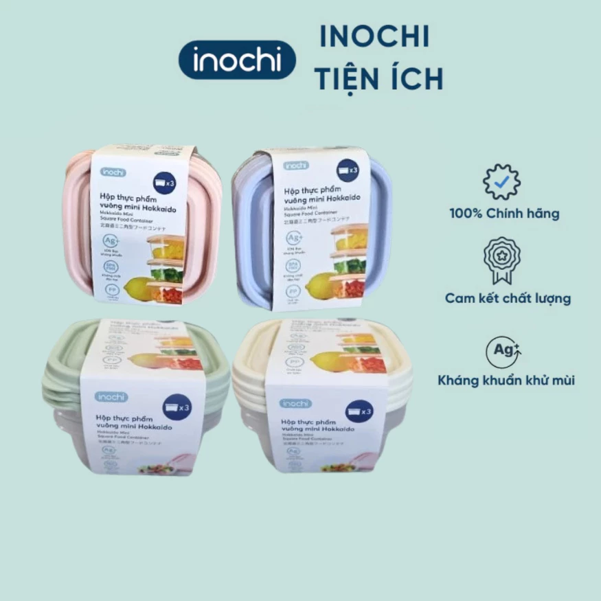 Bộ 3 hộp thực phẩm vuông mini Inochi dung tích 250ml đựng thực phẩm, kháng khuẩn tốt