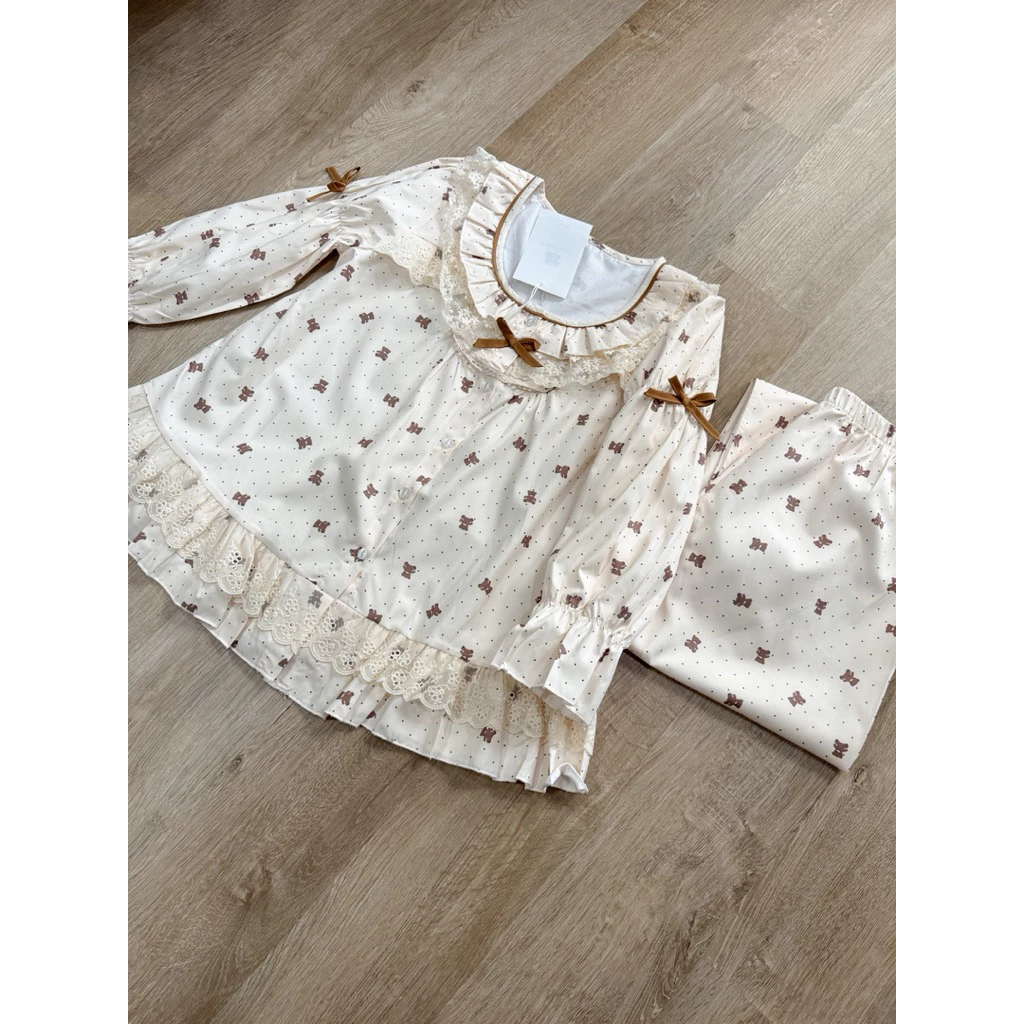 [SẴN] 853_Bộ ngủ nữ, pijama dài tay hoạ tiết gấu nâu dáng babydoll chất cotton thô | Hàng QCCC | 9scat