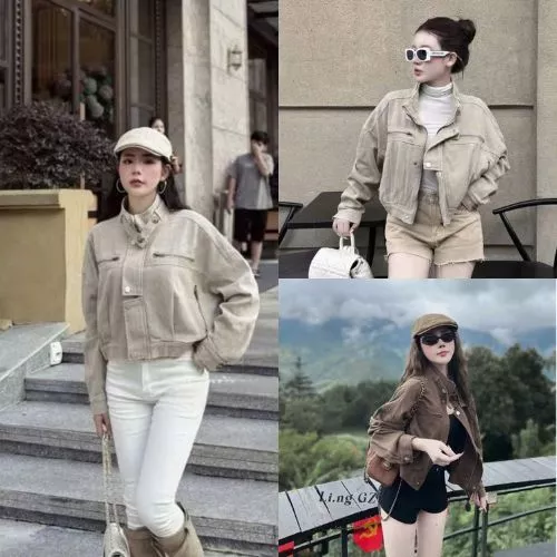 Áo Jean Nữ Dáng Lửng Khóa Kéo Cạp Chun Form Rộng Màu Be Nâu Phong Cách Hàn Quốc