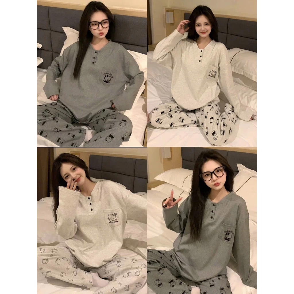 Set Bộ Nỉ Nữ Thu Đông Dài Tay Hình Hello Kitty, Set Bộ Nỉ 2 Màu Áo Cổ Tròn Cài Cúc Kèm Quần Dáng Suông Siêu Xinh