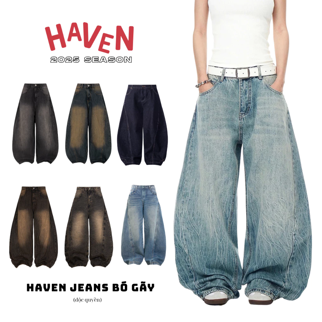 Quần jeans baggy nam nữ Haven Studio ống cong form rộng màu xanh, đen, nâu hiệu ứng bó gãy phong cách đường phố