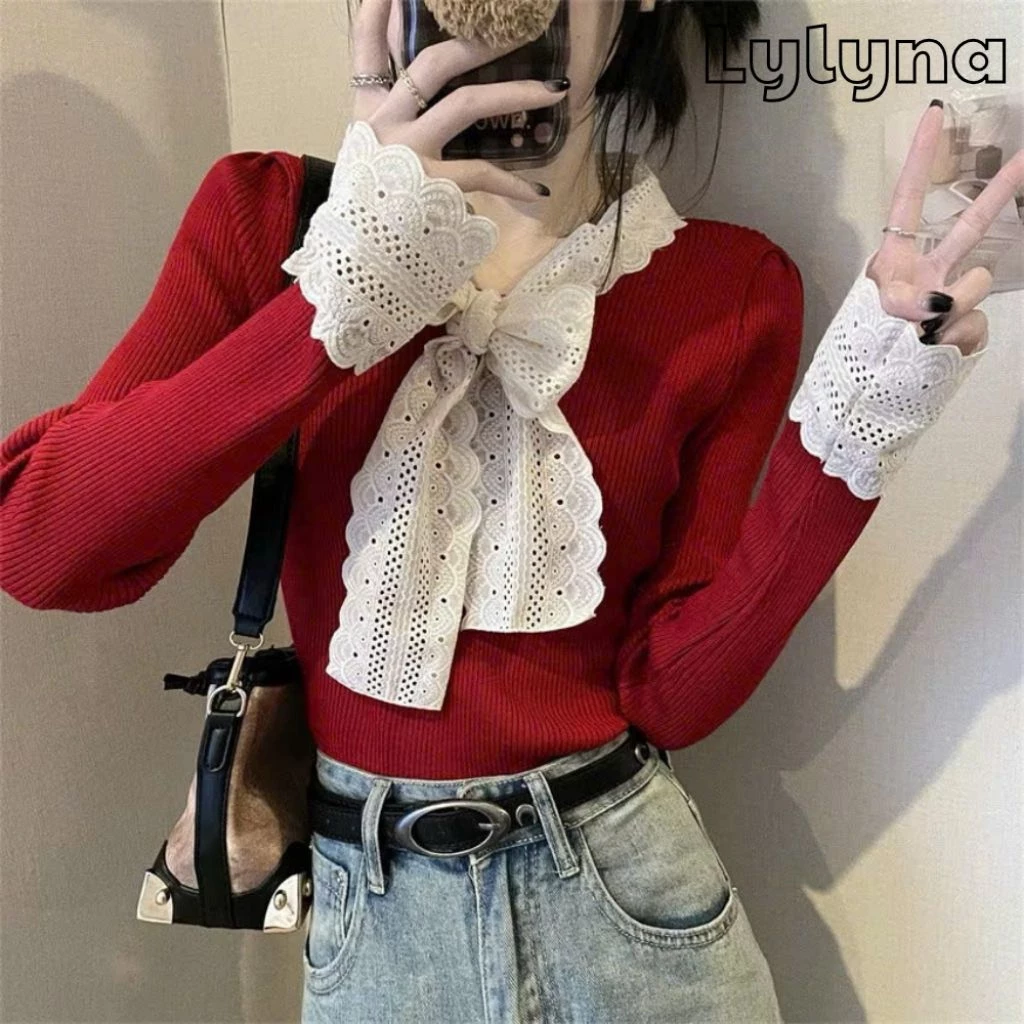 Áo thun nữ tay dài phối ren cổ thắt nơ, áo thun nữ thu đông -LYLYNA 030