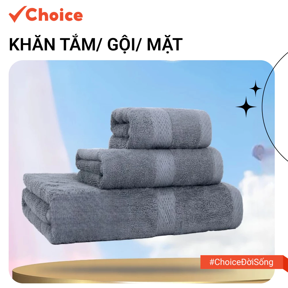 [Choice] Bộ 3 Khăn Tắm, Gội, Lau Mặt LS1-0529-250 100% Cotton Cao Cấp Mềm Mịn Thấm Hút Không Ra Màu