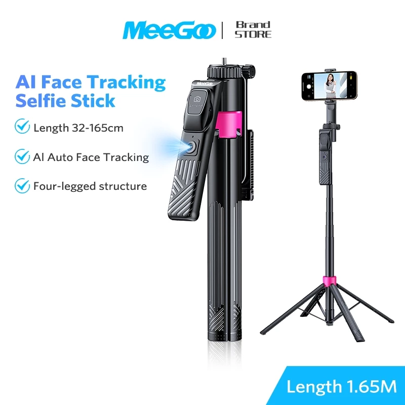 Gậy Chụp Ảnh 4 Chân 1M65 Xoay 360 MeeGoo, Gimbal AI Theo Dõi Khuôn Mặt