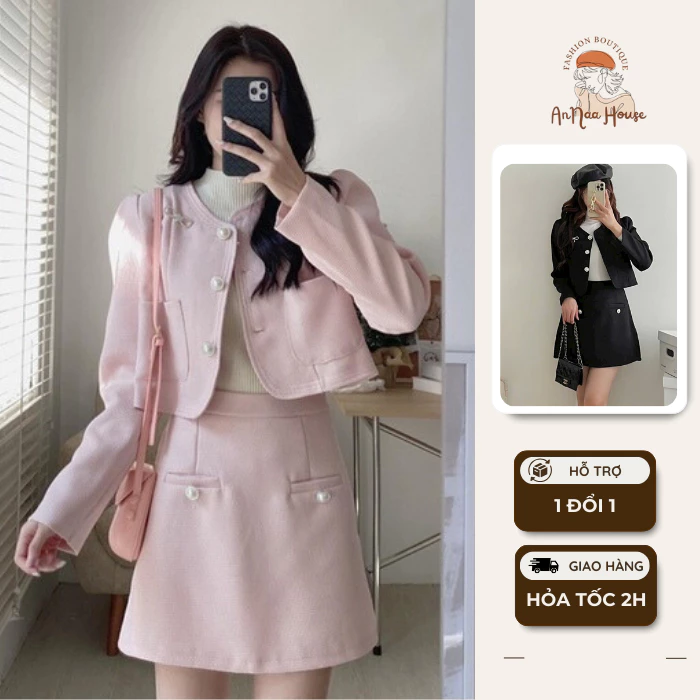Set áo dạ tweed blazer cổ tàu croptop dài tay kèm chân váy tennis xếp ly ngắn. Set đồ nữ áo khoác dạ kèm chân váy ngắn.