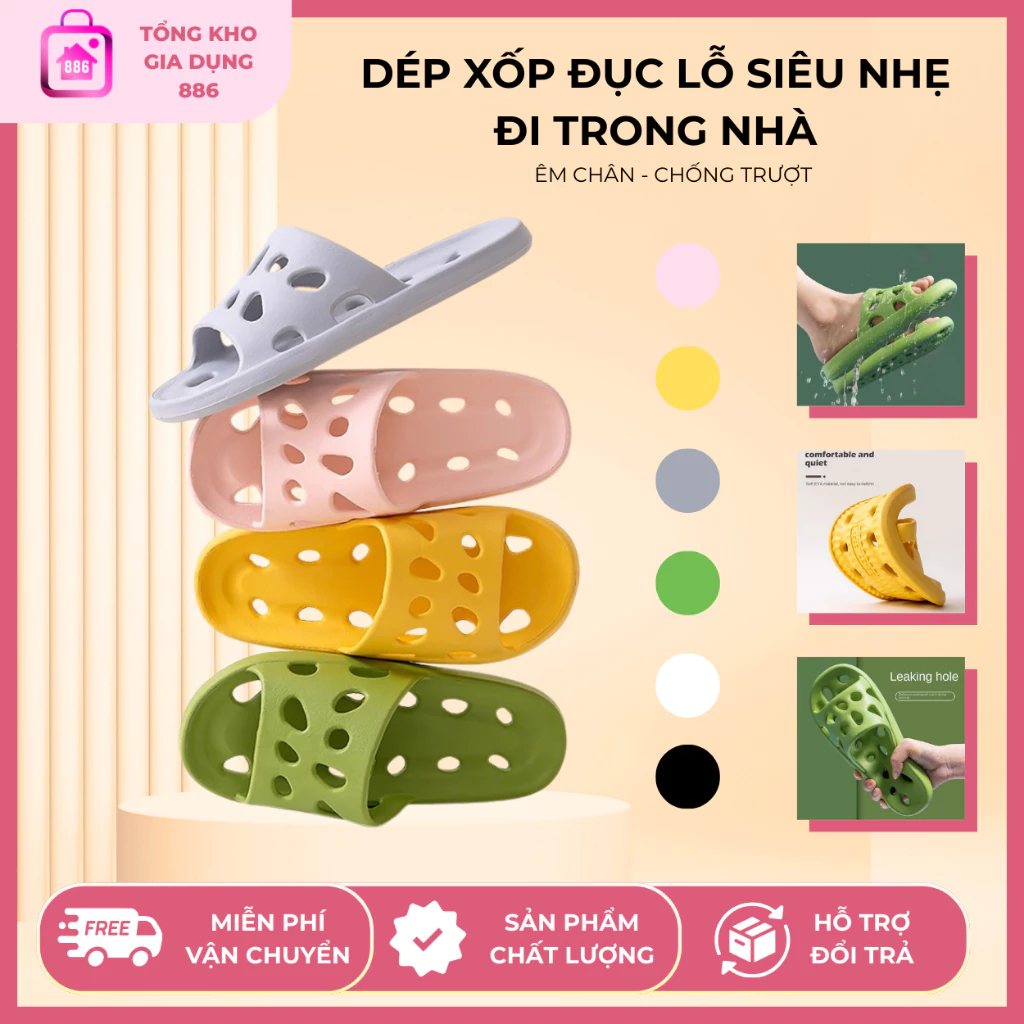 Dép Xốp Đục Lỗ Siêu Nhẹ, Dép Đi Trong Nhà, Nhà Tắm, Nhà Vệ Sinh, Chống Thấm Nước, Êm Chân