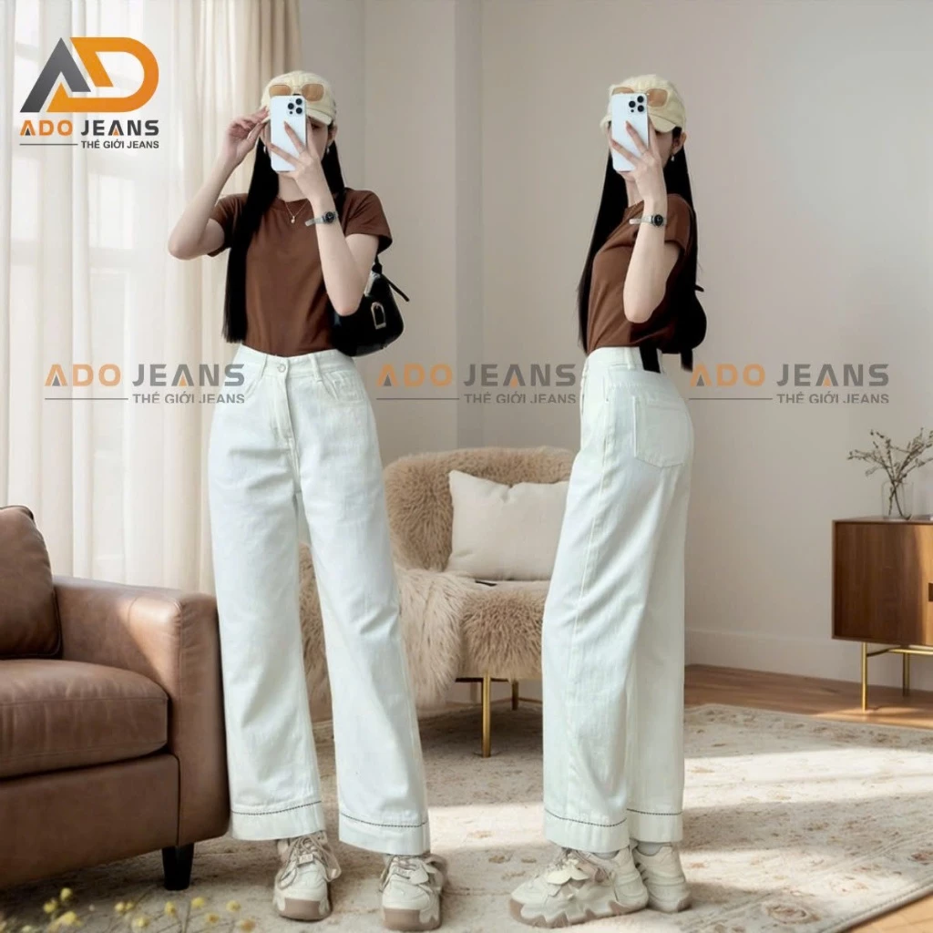 [93cm] Quần jean dài nữ ống suông lưng cao màu Trắng thêu lai xinh xắn ADO JEANS (DJ93)