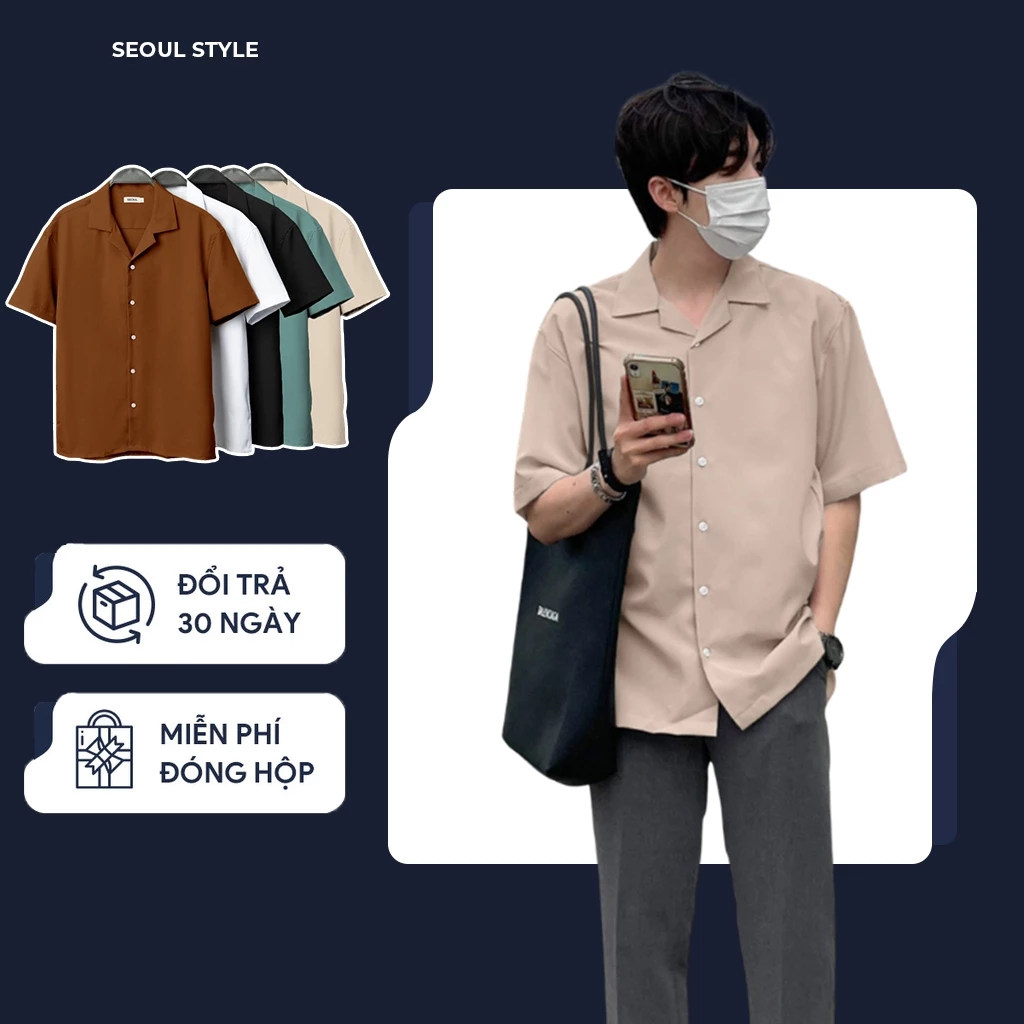 Áo sơ mi nam ngắn tay cổ vest, vải Lụa mềm mại, thoáng mát, chống nhăn, form dáng thoái mái - SEOUL