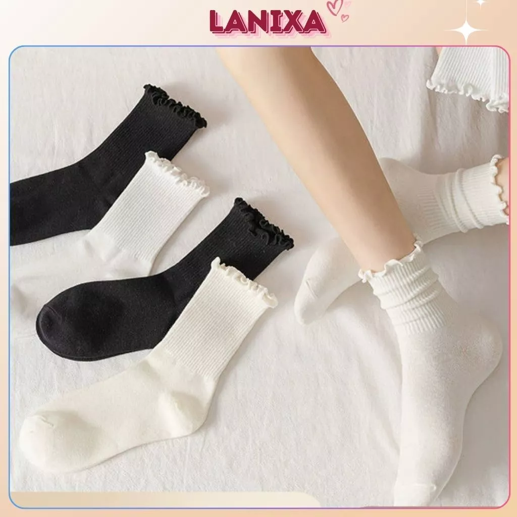 [ Xả hàng ] Tất vớ nữ cổ cao trắng vải cotton thời trang kết hợp viền gợn sóng tiểu thư trẻ trung LANIXA T23