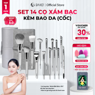 Bộ cọ trang điểm cá nhân GUVIET set 14 cây màu xám bạc có bao da (cốc)