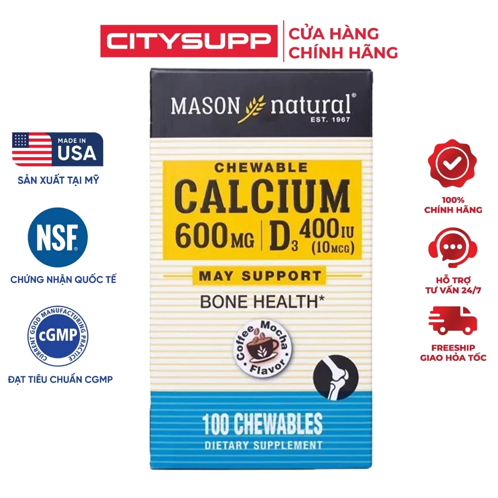 Viên Uống Vitamin D3 Canxi Mason Natural Calcium Citrate + D3 (60 Viên) Bổ Sung Canxi Hữu Cơ | CitySupp