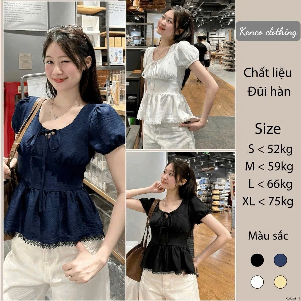 Áo Kiểu Nơ Buộc Bo Eo Tay Bồng Pha Ren A3117 Kenco Thời Trang Nữ Bigsize