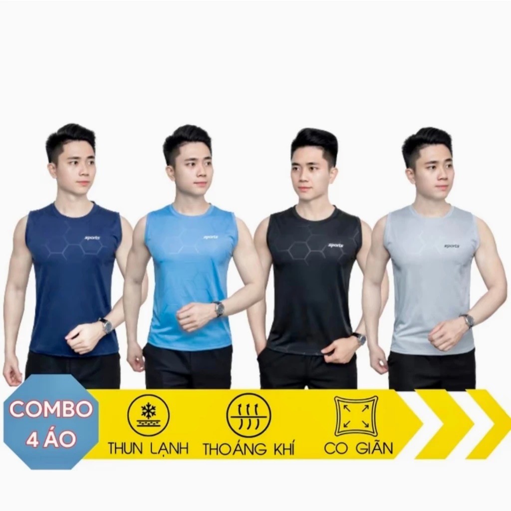 Combo 4 áo thun ba lỗ thể thao tanktop, áo sát nách chất vải thun lạnh, co giãn 4 chiều, Vân Nổi 3D độc lạ.