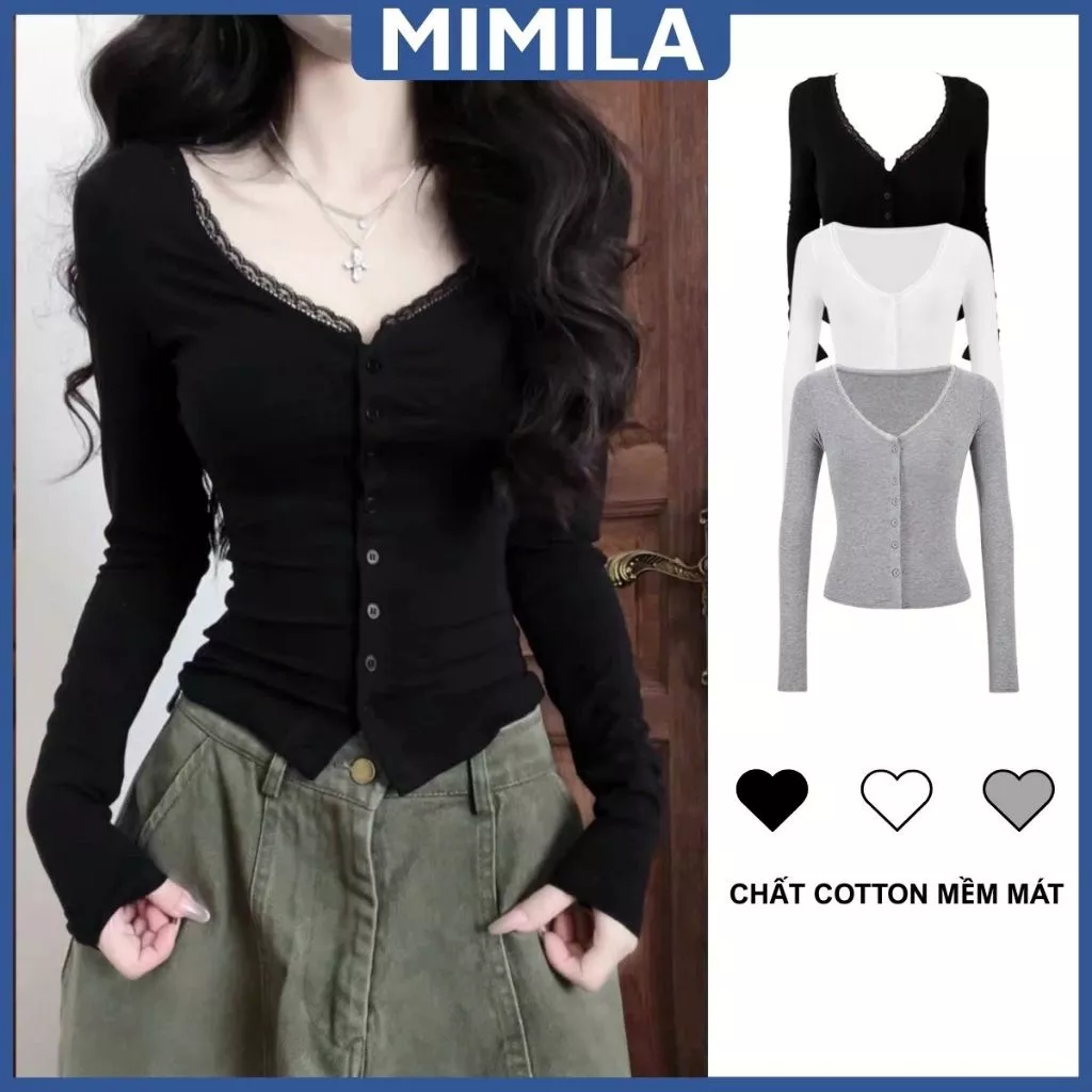 [CÓ SIZE] Áo Thun Kiểu Nữ Dài Tay Cổ Chữ V Phối Ren MIMILA Phong Cách Sexy Mặc Thu Đông Chất Cotton