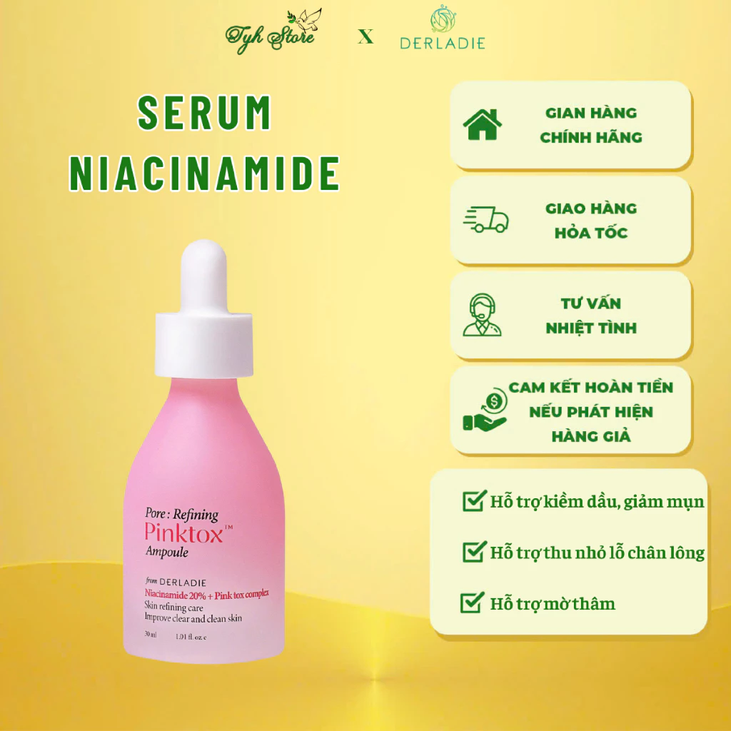 Serum Niacinamide 20% Giảm Mụn, Mờ Thâm Đỏ, Thu Nhỏ LCL Derladie Laboratoire Pore Tightening Ampoule 30ml