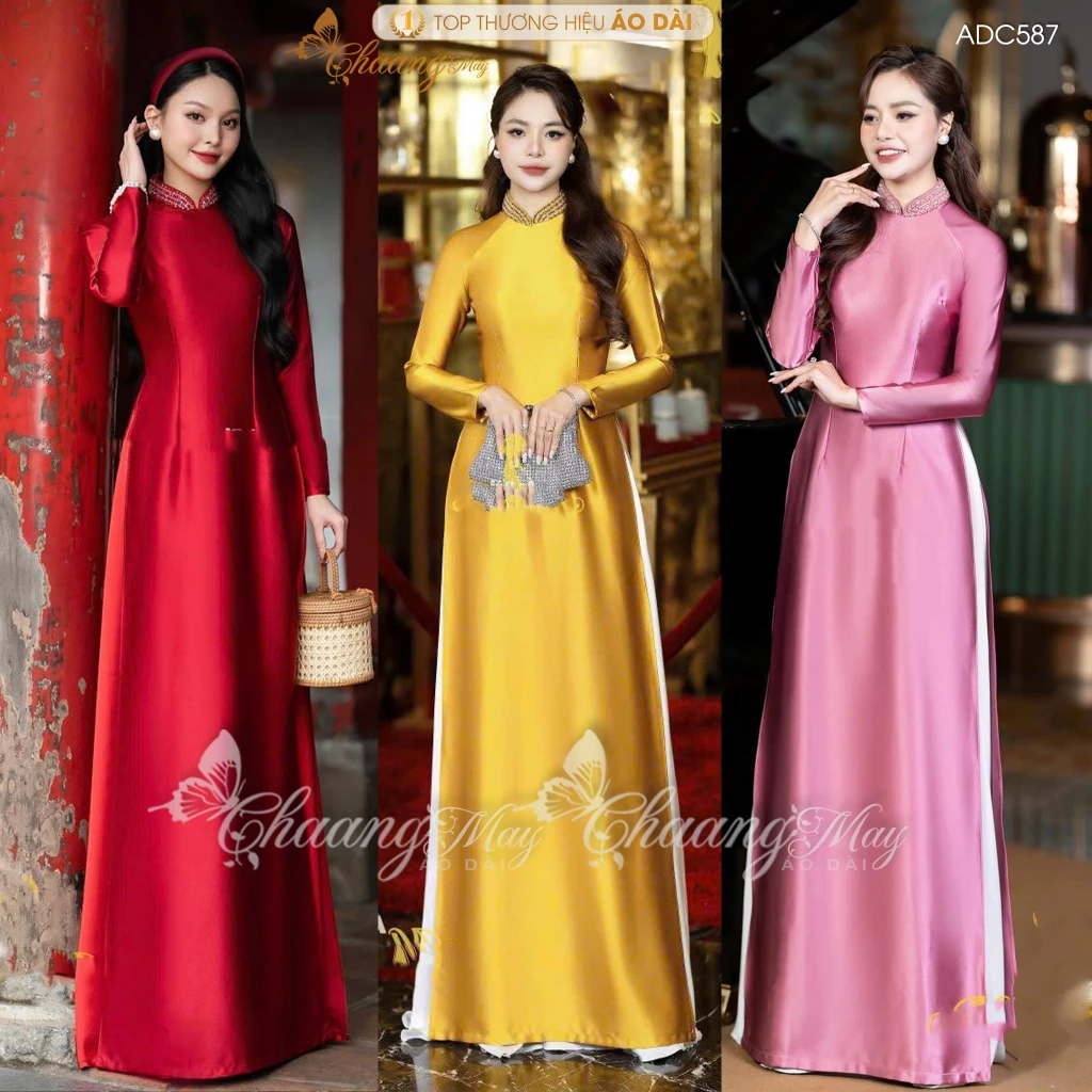 Áo dài truyền thống lụa bóng Ruby Bảo Ngọc ADC587 áo dài  may sẵn cổ tủa pha lê dự tiệc cưới lễ Tết đẹp