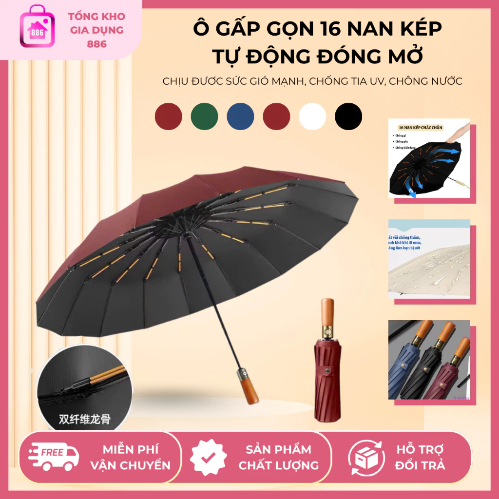 Ô Che Mưa Nắng Gấp Gọn 32 Nan Chắc Chắn, Tự Động Đóng Mở, Ô Dù Mini Chống UV, Chống Thấm Nước, Bền Đẹp