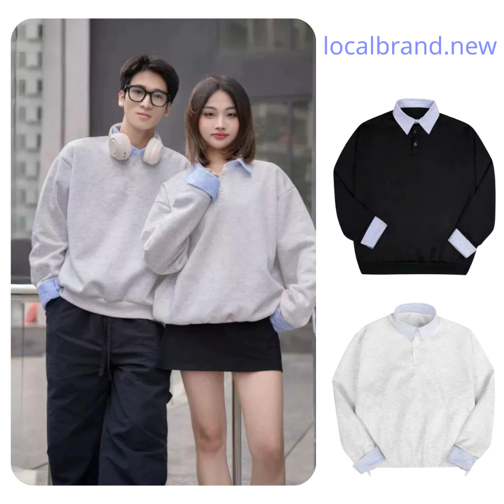 Áo Sweater Nam Nữ Phối Sơ Mi Kẻ Xanh Nhạt Liền Thân Chất Nỉ bông cao cấp